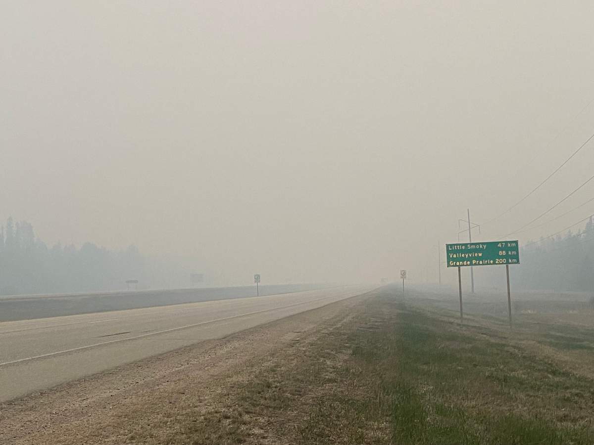 Wildfire smoke from northwest Alberta rolling into the Whitecourt area the evening of Monday, May 15, 2023.