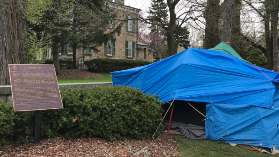 A encampment tent located near Whitehern historic house in downtown Hamilton, Ont.