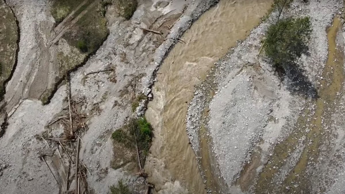 A screenshot from a YouTube video of a flyover of Whiteman's Creek in the Central Okanagan on May 10, 2023.