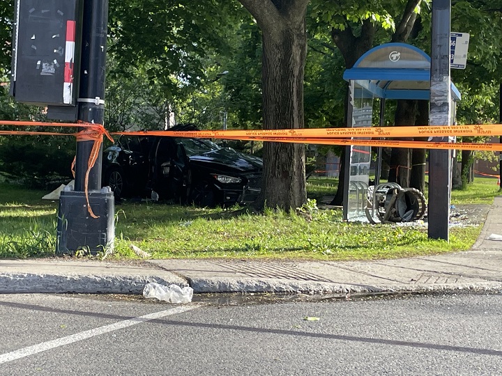 Four people were seriously injured after the vehicle they were in crashed into a tree at a bus stop. Friday, May 26, 2023. 