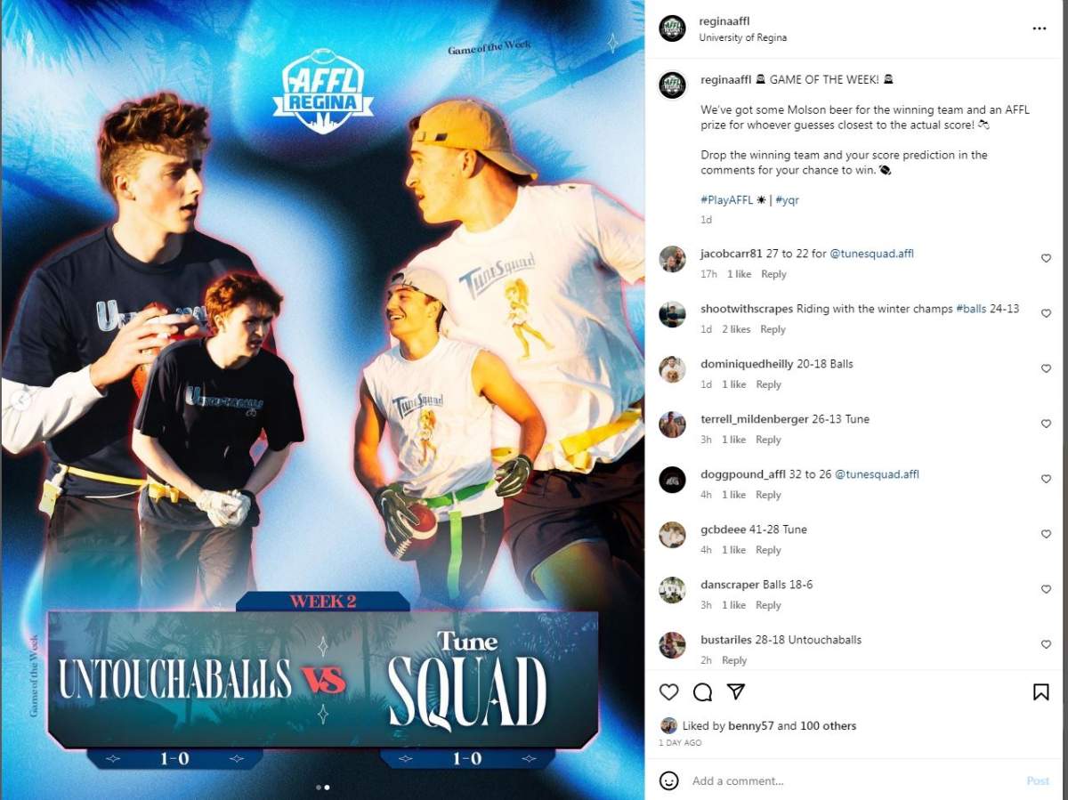 Regina AFFL does a game of the week with prizes for the closest guess to the correct score. Courtesy: Regina AFFL Instagram