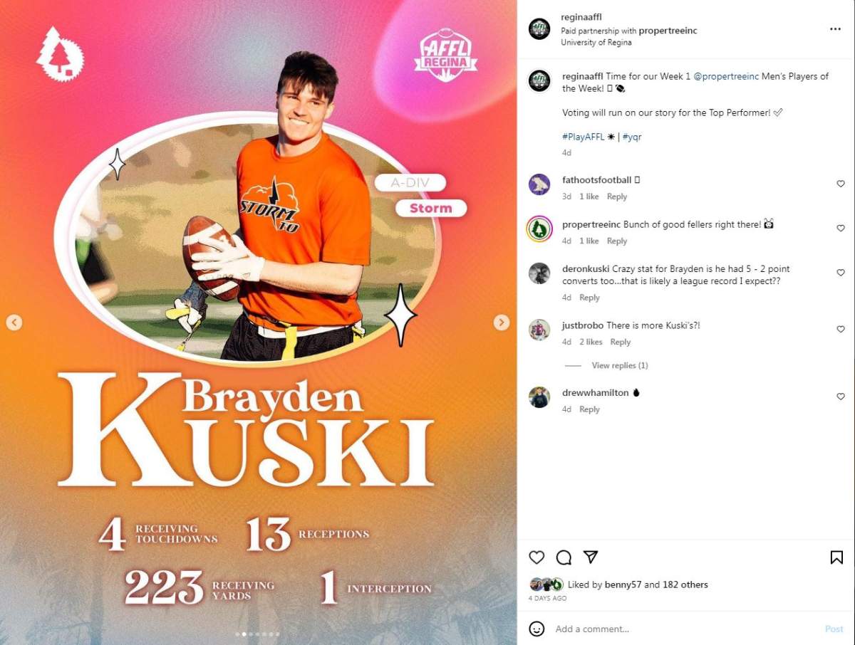 Regina AFFL names a player of the week based on their performance. Courtesy: Regina AFFL Instagram