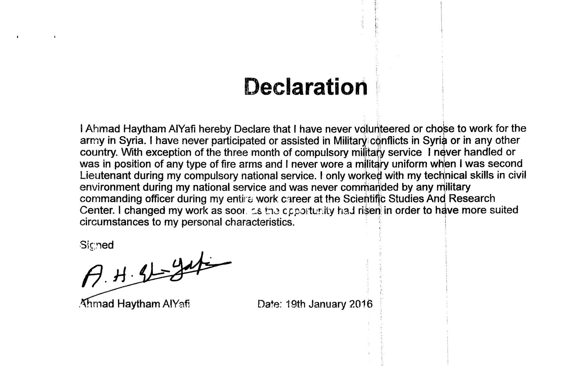 A statement signed by Ahmad Alyafi, who spent two decades working at the Syrian centre that manufactures chemical weapons.