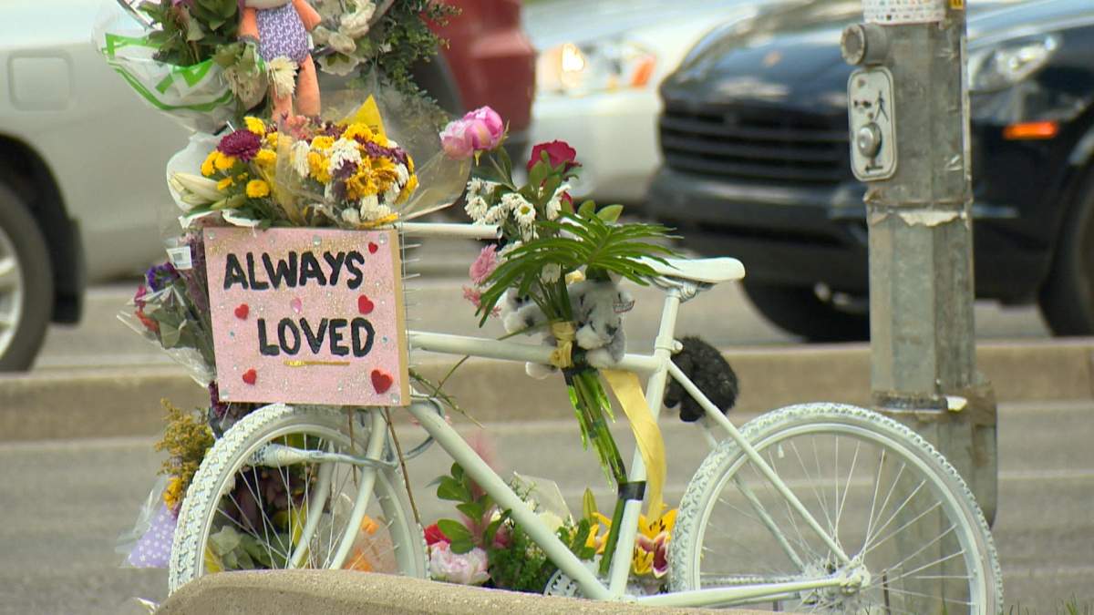 A memorial on the corner of College Drive and Wiggins Avenue in Saskatoon for Natasha Fox.