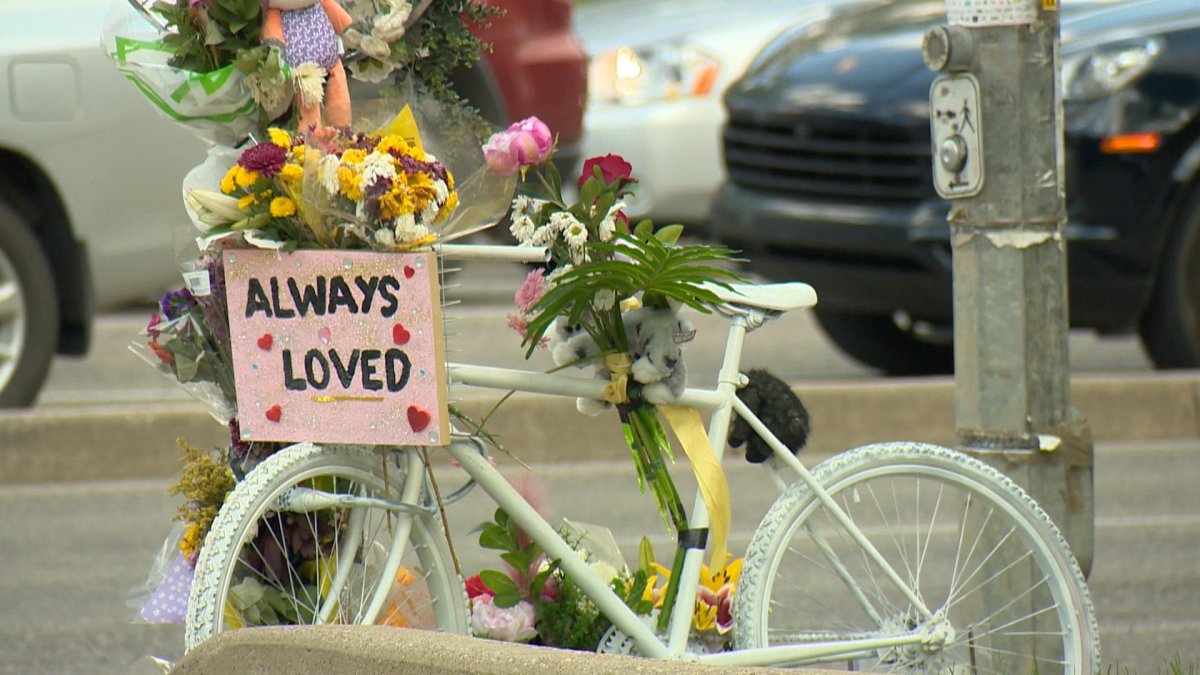A 'ghost bike' memorial on the corner of College Drive and Wiggins Avenue in Saskatoon for Natasha Fox.