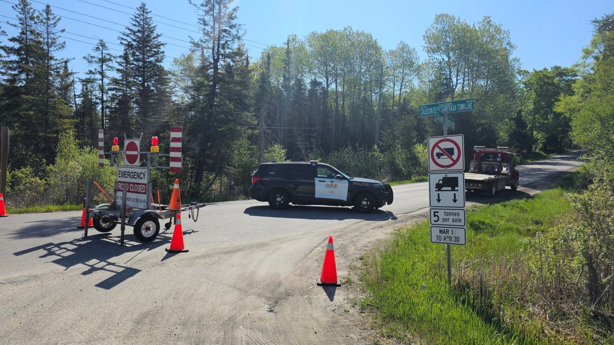 Police close off Shaws Creek Road in Caledon on May 29, 2023.