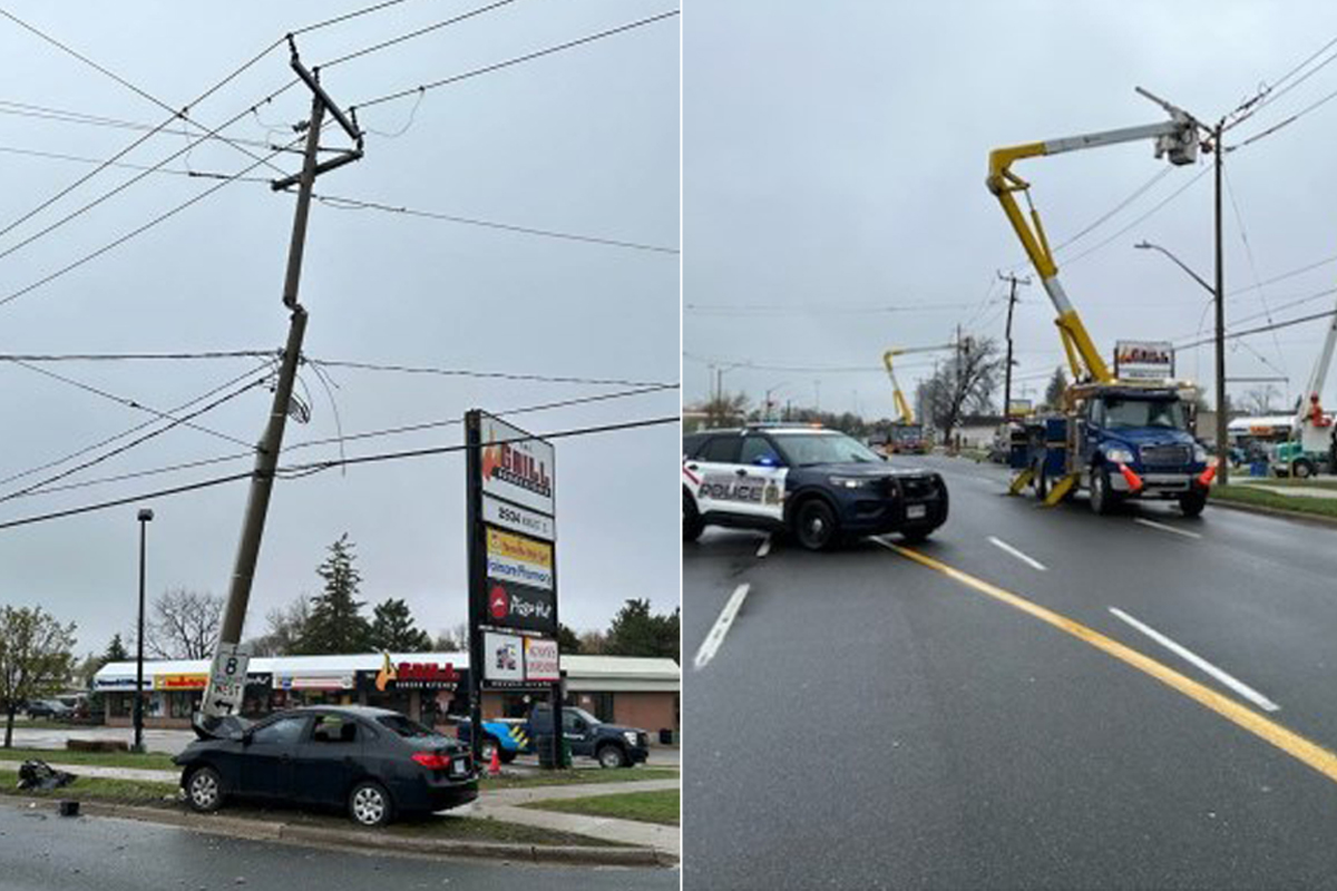 A car struck a hydro pole  in Kitchener early Friday morning causing traffic snarls throughout the day.