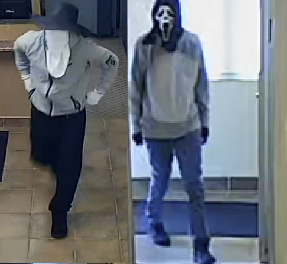 Two side-by-side surveillance photos of masked suspects wanted in connection with robberies at credit unions.