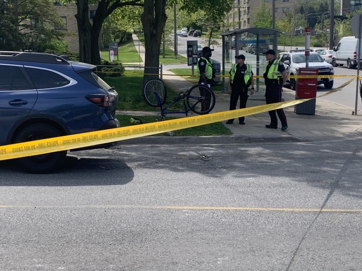 The scene of a collision involving a cyclist at Stephen Drive and Berry Road in Etobicoke Saturday.