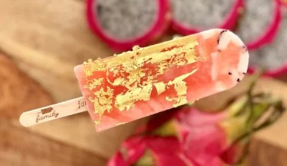 Made with dragon fruit and coconut jellies and covered in edible 24-karat gold.