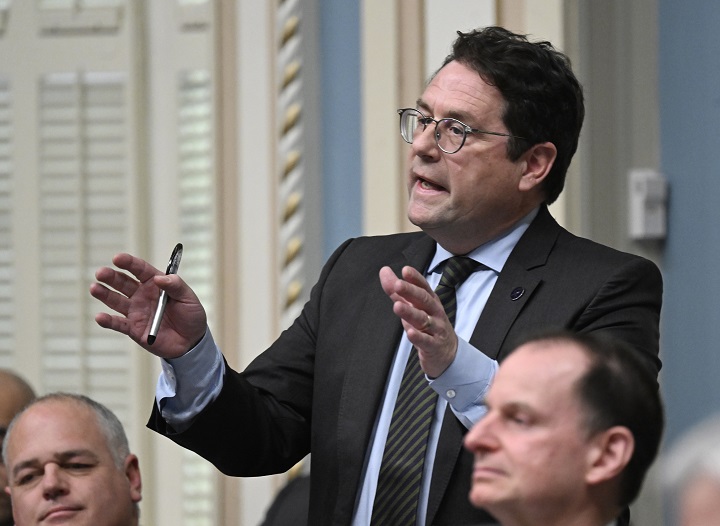 Quebec Education Minister Bernard Drainville responds to the Opposition over its education reform bill during question period, at the legislature in Quebec City, Tuesday, May 9, 2023. 