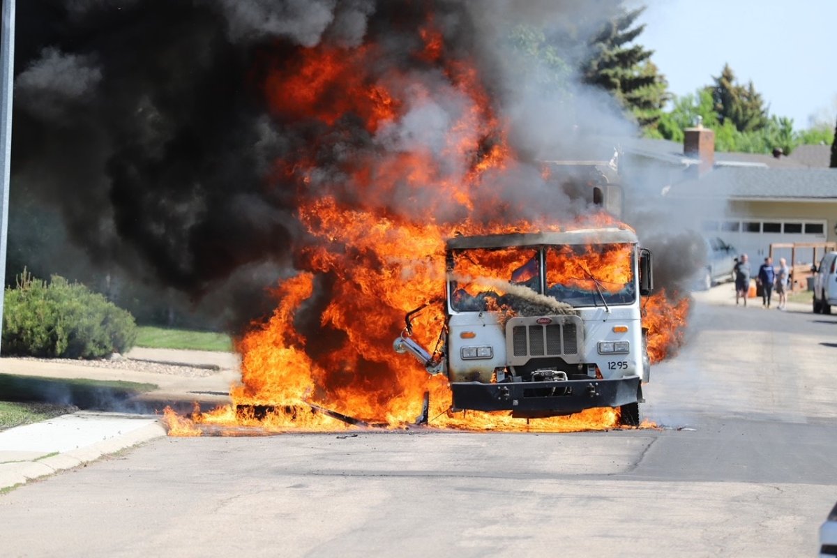 A City of Saskatoon garbage truck went up in flames Wednesday morning May 31st 2023. Photo Courtesy of Christine Guetre.
