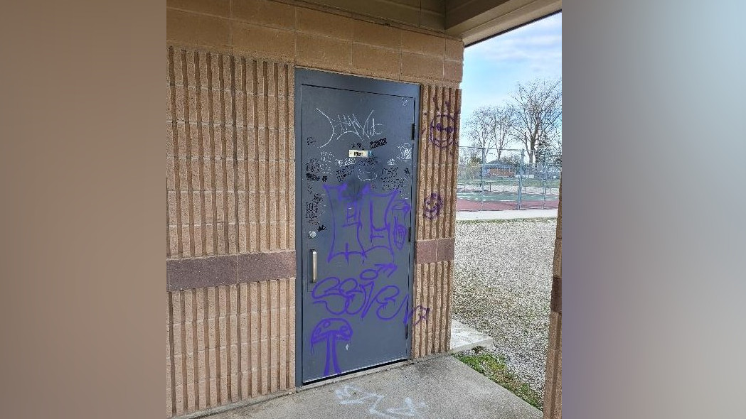 A photo of a graffiti from April 27, 2023 at a park facility within Lions Park on Lock Street West in Dunnville.