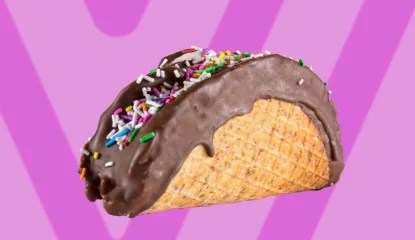 Waffle cone taco, filled to the brim with vanilla ice cream, stuffed with a habanero cherry sauce, dipped in chocolate and garnished with sweet pop rock sprinkles.