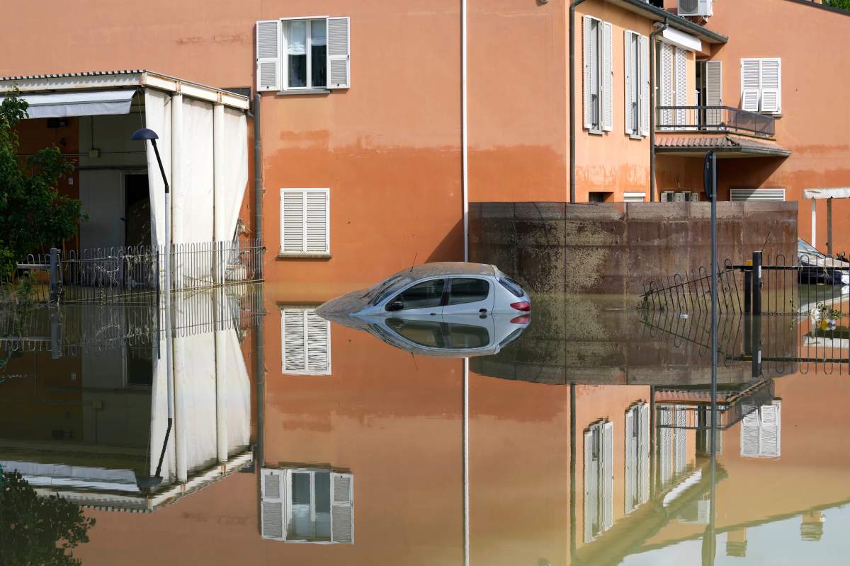 A view of a flooded road in Faenza, Italy, Thursday, May 18, 2023. (AP Photo/Luca Bruno)
