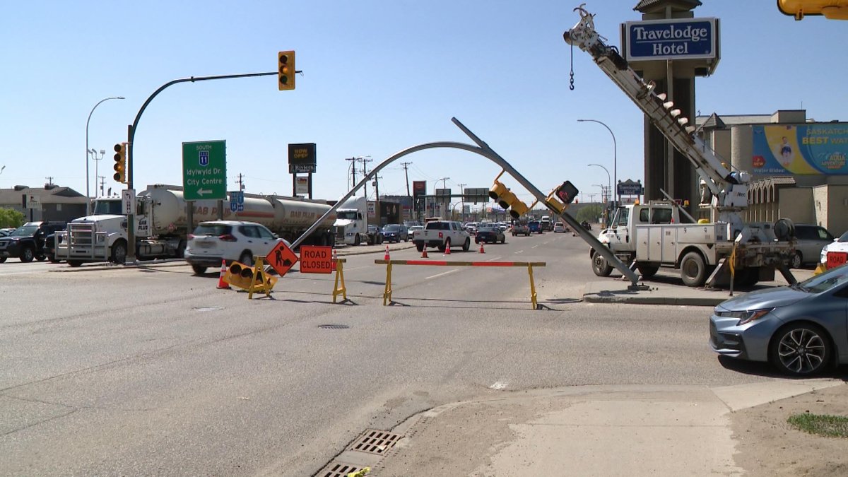A traffic light was hit along Circle Drive East on Friday afternoon, causing some traffic delays.