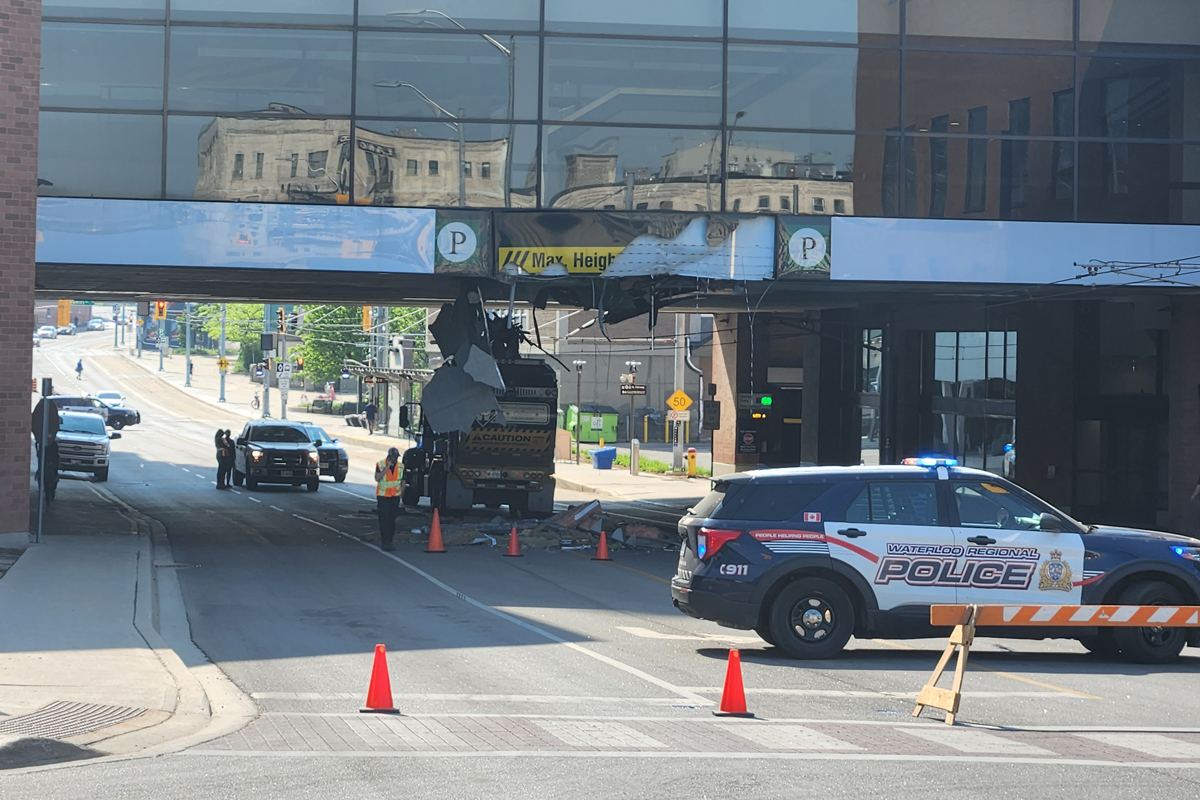A truck struck the Manulife overpass in downtown Kitchener on Wednesday morning.