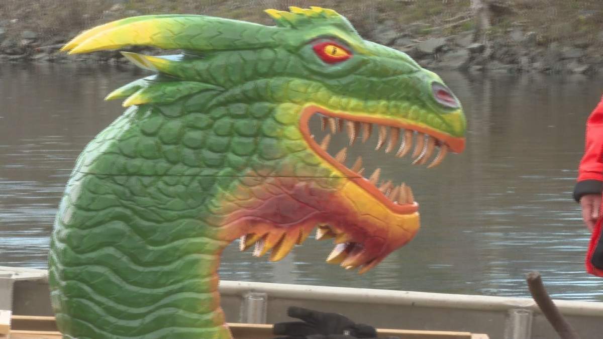 An up-close look of the new, detailed dragon sculpture before it descended into Miller Lake, which is visible from a highway on the outskirts of Halifax.