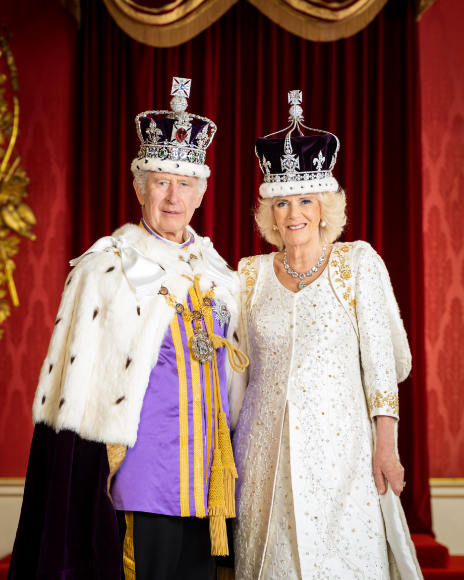 Their Majesties are pictured in the Throne Room at Buckingham Palace.