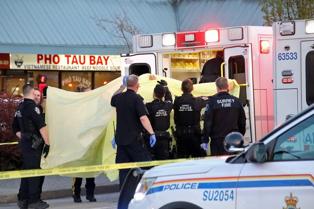 Two people were taken in ambulances from the seen at a Surrey strip mall Tuesday evening. One of the victims is in critical condition, according to B.C. Emergency Health Services.