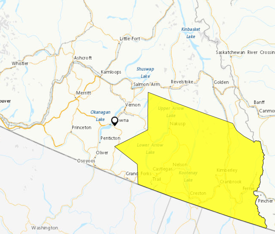 The watch is in effect for Elk Valley, Arrow Lakes, Slocan Lake and the East and West Kootenay region including Kootenay Lake.