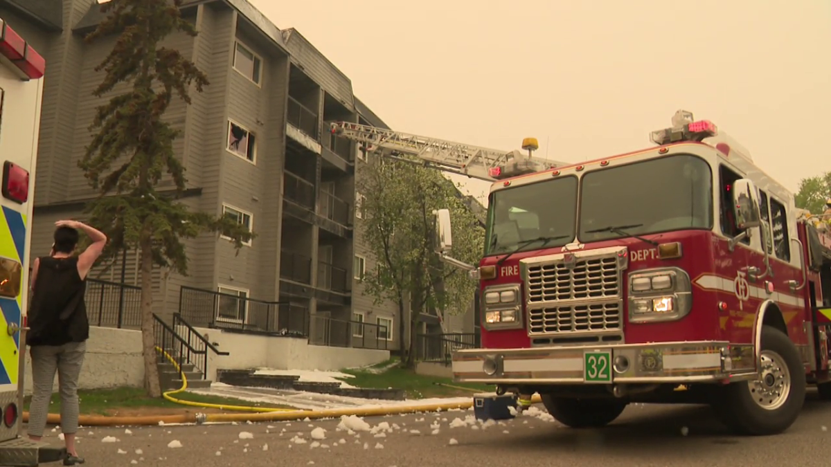 The Calgary Fire Department responds to an apartment fire in Pineridge on May 16, 2023.