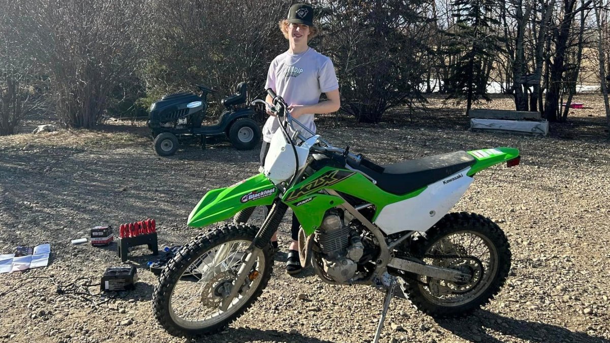 Undated photograph of Zander King and his dirt bike. The 15-year-old Albertan was severely injured in a May 1 crash northeast of Innisfail and spent all night in the ditch.