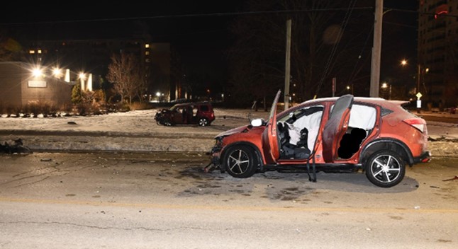 Side view of the vehicles involved in a collision following a high-speed chase with London, Ont., police at the intersection of Adelaide Street North and Kipps Lane.