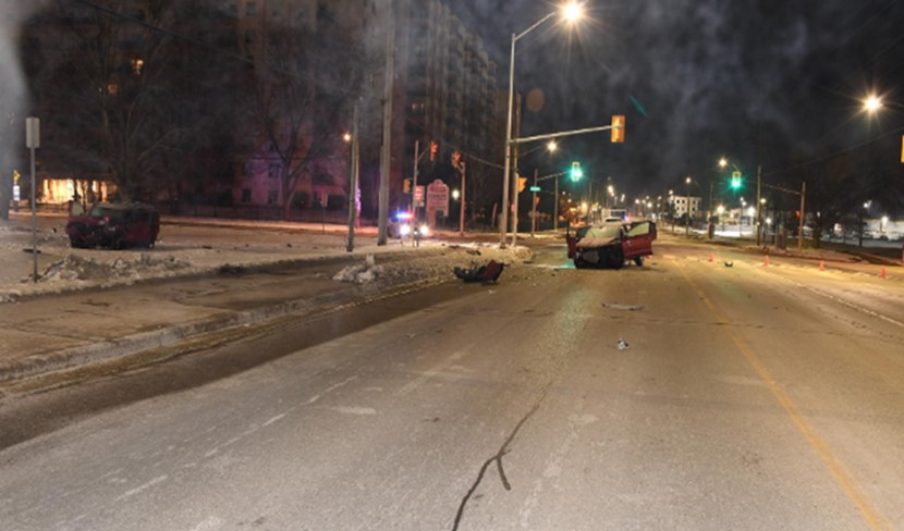 Collision scene at the intersection of Adelaide Street North and Kipps Lane in London, Ont.
