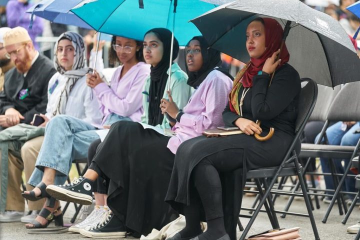 Hundreds gather on a rainy evening at a vigil for the Afzaal family in London, Ont., Monday, June 6, 2022. An upcoming vigil marks the second anniversary of London's largest mass killing. 