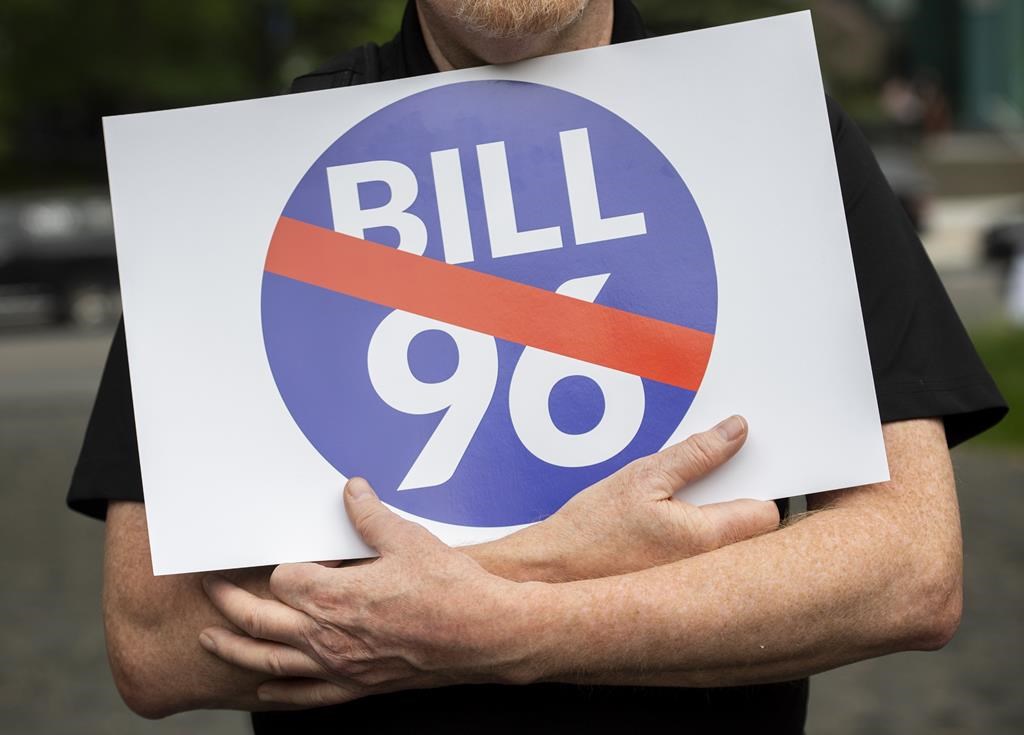 People take part in a protest against Bill 96 in Montreal, Thursday, May 26, 2022. The proposed regulation around the language of commercial signage in Quebec is attracting skepticism from U.S. President Joe Biden's administration, which has "concerns'' about the potential impact on American businesses. THE CANADIAN PRESS/Graham Hughes.