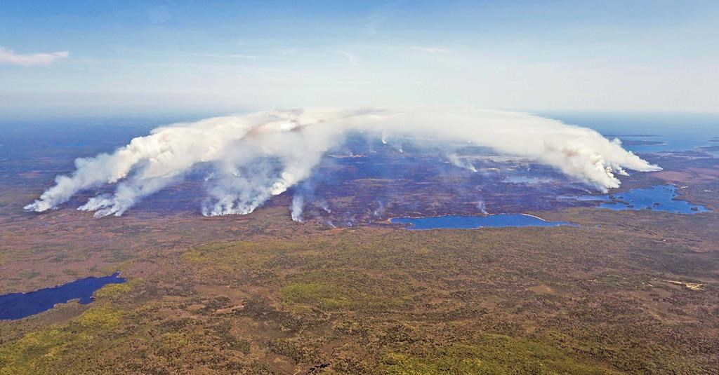 An aerial image showing the magnitude of the fire burning in Shelburne County, N.S., is shown in a Wednesday, May 31, 2023 handout photo.