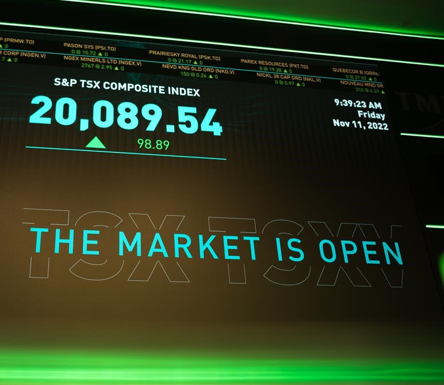 The S&P TSX composite index screen at the TMX Market Centre in downtown Toronto is photographed on Friday, November 11, 2022. THE CANADIAN PRESS/ Tijana Martin.
