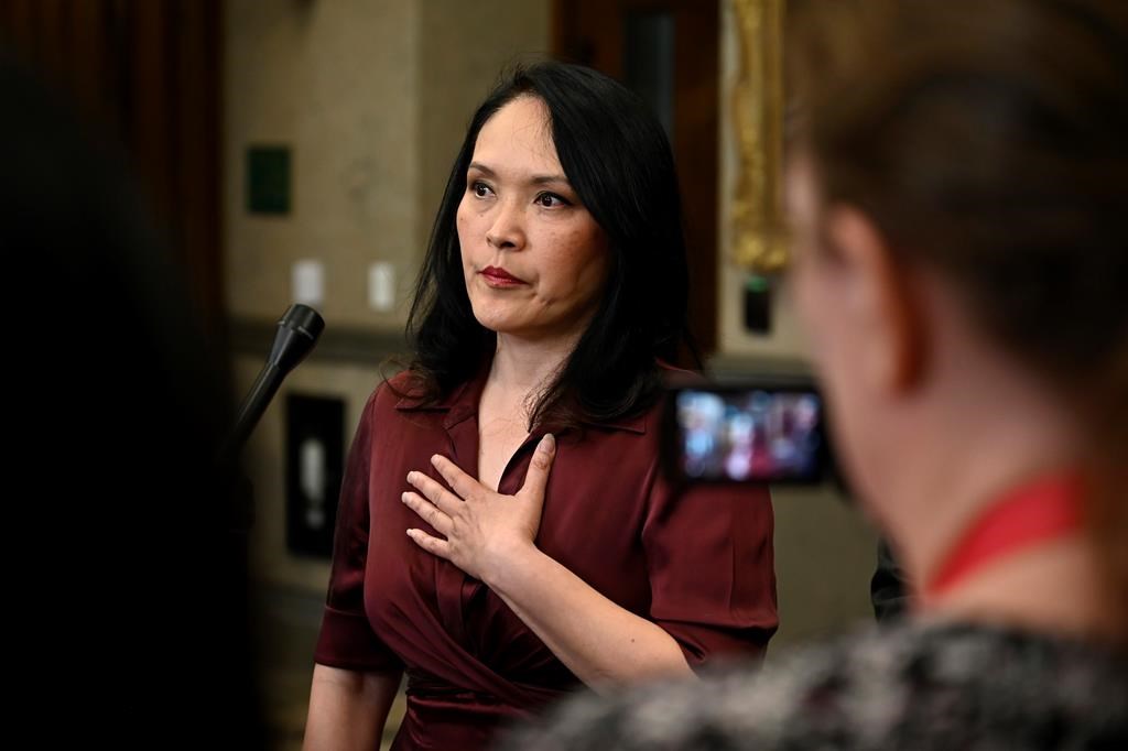 NDP MP Jenny Kwan speaks to reporters about her briefing with CSIS, where she was told she was a target of foreign interference, May 29, 2023. THE CANADIAN PRESS/Justin Tang