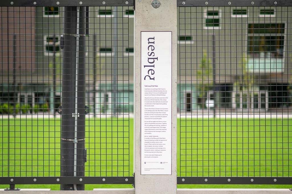 A sign at the University of British Columbia bus loop written in the traditional language of the Musqueam Peoples, is shown in this handout image