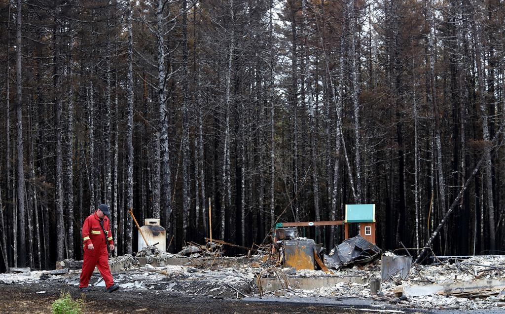 A firefighter walks past a home destroyed by a wildfire in Hammond’s Plains, N.S., during a media tour, Tuesday, June 6, 2023. Rebuilding hundreds of homes destroyed by Nova Scotia’s wildfires could take years. THE CANADIAN PRESS/POOL, Tim Krochak