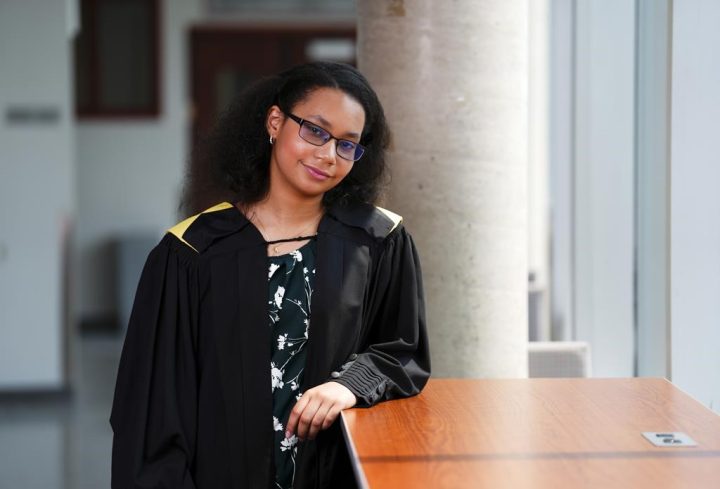 Anthaea-Grace Patricia Dennis poses for a portrait at the University of Ottawa in Ottawa on Friday, June 2, 2023. The 12-year-old is graduating from the University of Ottawa's biomedical science program, and setting a record in the process. 