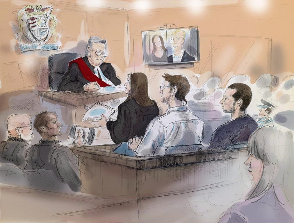 Thomas Dungey (Mark Smich's lawyer) (left to right), Ravin Pillay (Dellen Millard's lawyer), Justice Michael Code, Crown Attorney Jill Cameron, Dellen Millard, Mark Smich and Laura Babcock's mother, Linda are shown in this courtroom sketch from the sentencing hearing for Millard and Smich in Toronto, Monday, Feb.12, 2018. THE CANADIAN PRESS/Alexandra Newbould.
