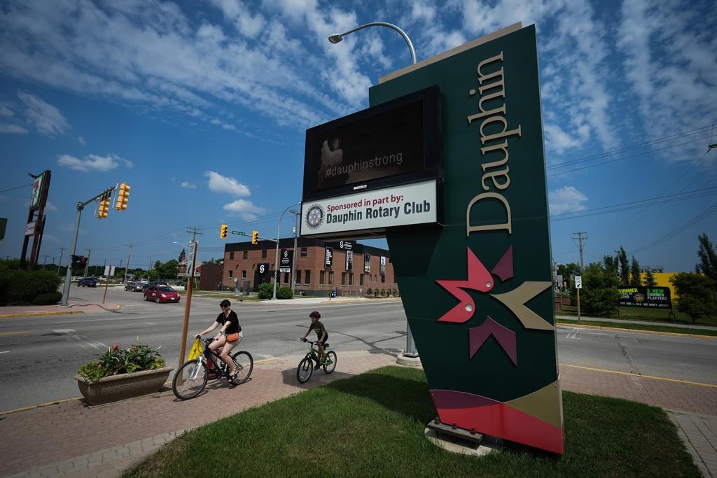 Digital signage with the message "Dauphin Strong" is seen outside city hall in Dauphin, Man., on Saturday, June 17, 2023.