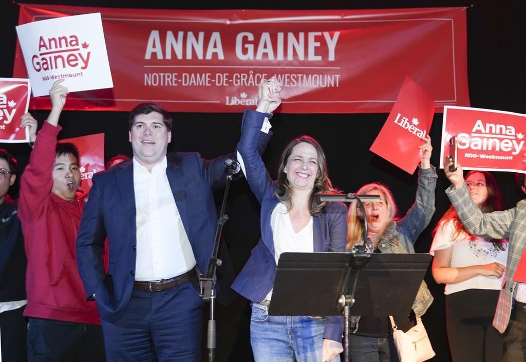 Liberal candidate Anna Gainey addresses her supporters as she leads the federal by-election in the Notre-Dame-de-Grace-Westmount riding Monday, June 19, 2023 in Montreal.