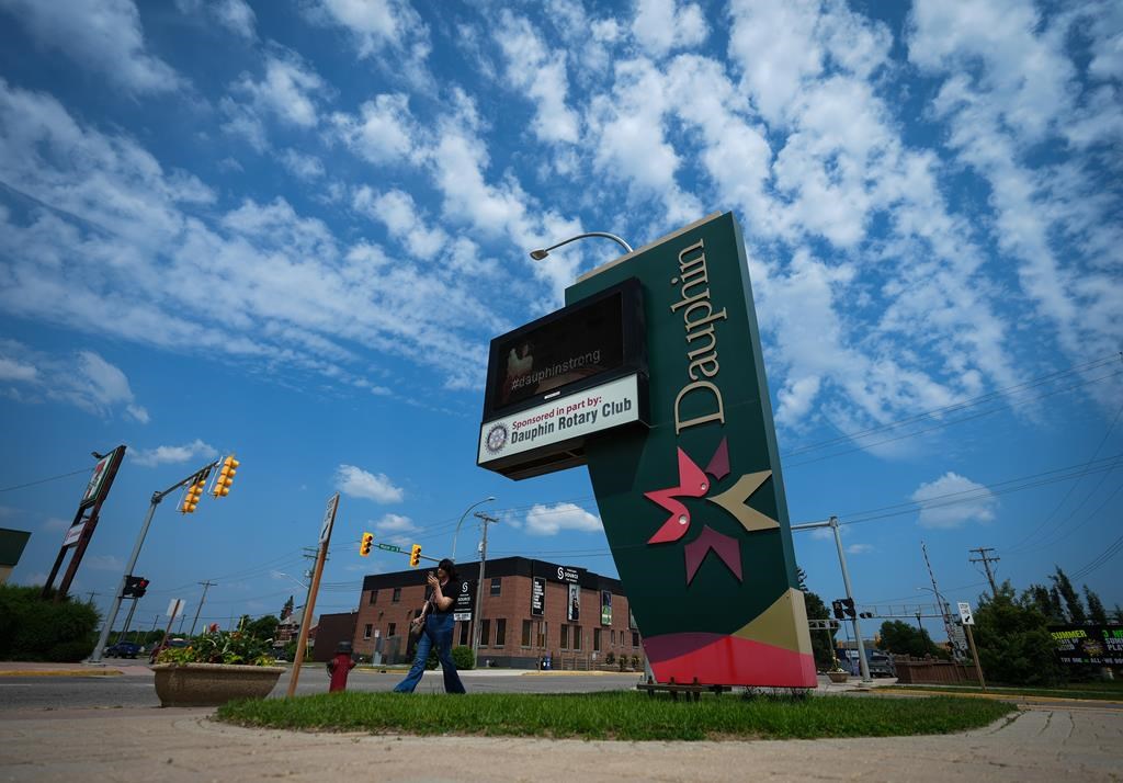 Digital signage with the message "Dauphin Strong" is seen outside city hall in Dauphin, Man., on Saturday, June 17, 2023. THE CANADIAN PRESS/Darryl Dyck.