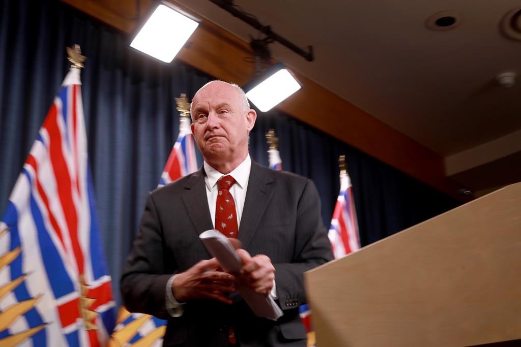 Minister of Public Safety Mike Farnworth speaks during a news conference in Victoria, B.C., on Friday, April 28, 2023.