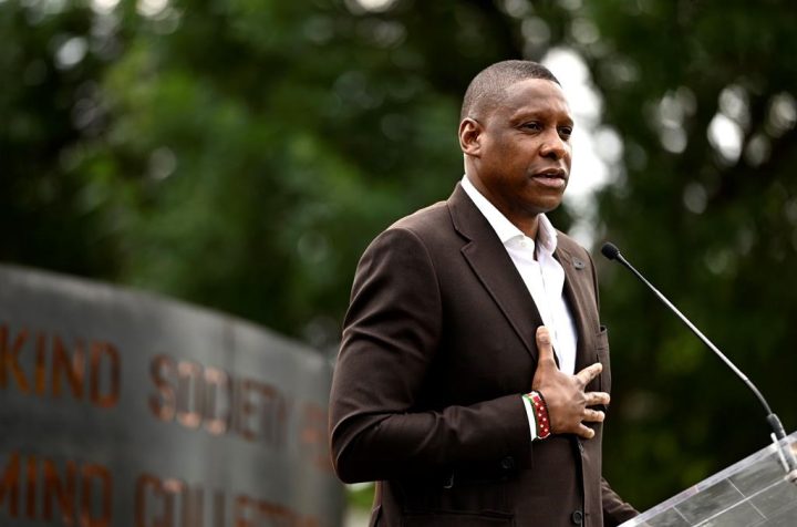 Toronto Raptors president Masai Ujiri speaks at the presentation of the Humanity Art Installation at Major's Hill Park in Ottawa, on Friday, July 8, 2022. Ujiri and Cree artist Kent Monkman are among the dozens of people newly named to Canada's highest civilian honour.