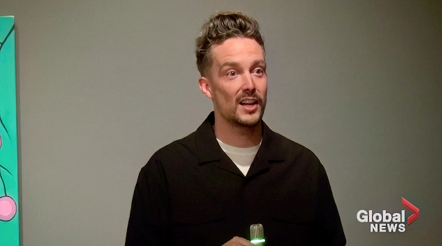 Peterborough city councillor Alex Bierk talks about his father David’s Queen Elizabeth II portrait during a reception at the Art Gallery of Peterborough on June 7, 2023.