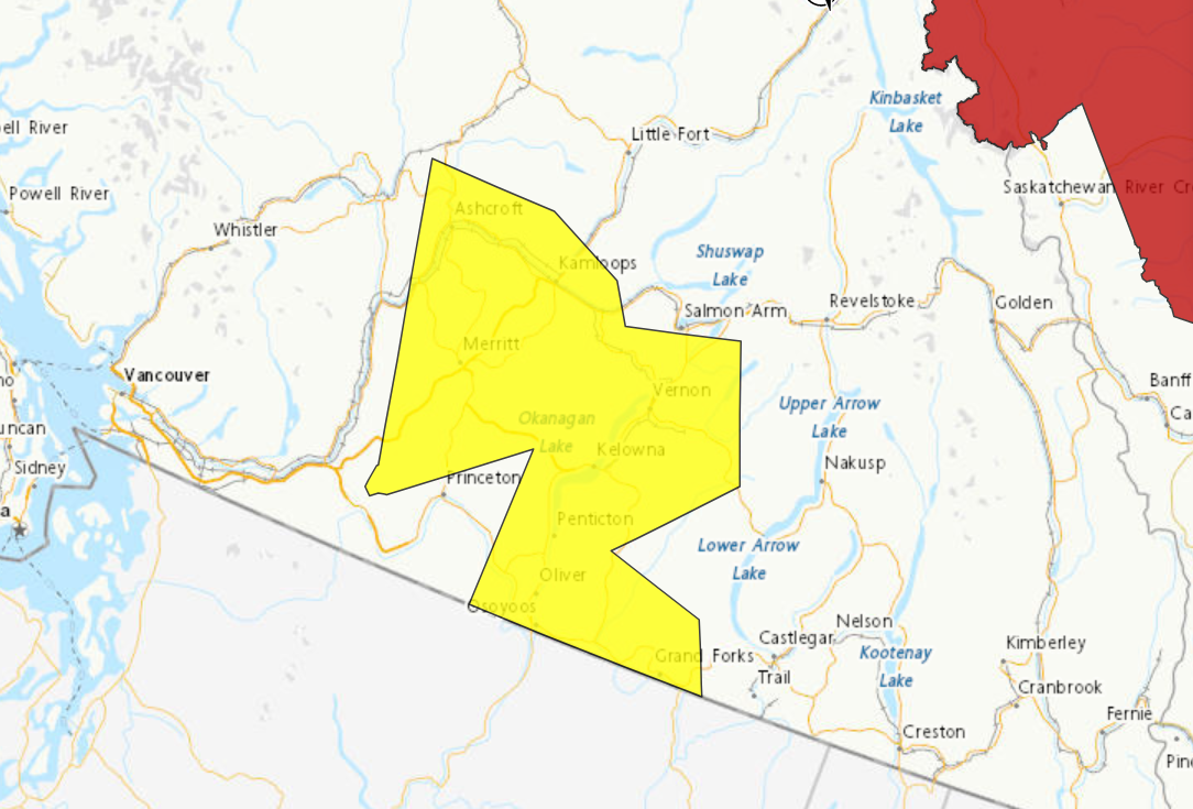 A map showing a severe thunderstorm watch (in yellow) for B.C.'s Southern Interior on Saturday, June 10, 2023, In related news, a heat warning (red) has been issued for much of Alberta.