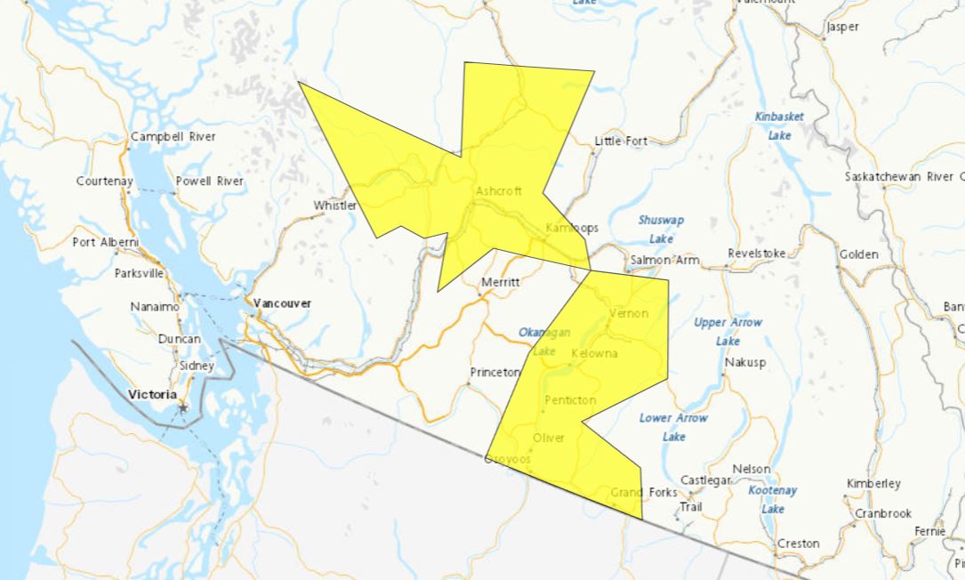 A map showing a thunderstorm warning for parts of B.C.’s Interior on Saturday, June 24, 2023.