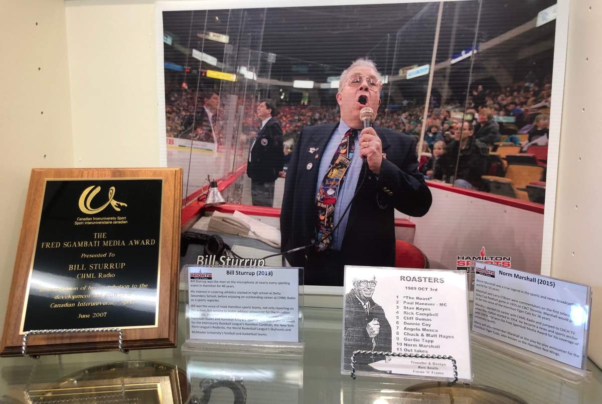 2013 Hamilton Sports Hall of Fame inductee Bill Sturrup (pictured above) was a longtime reporter at 900 CHML radio and the public address announcer for the Hamilton Bulldogs.