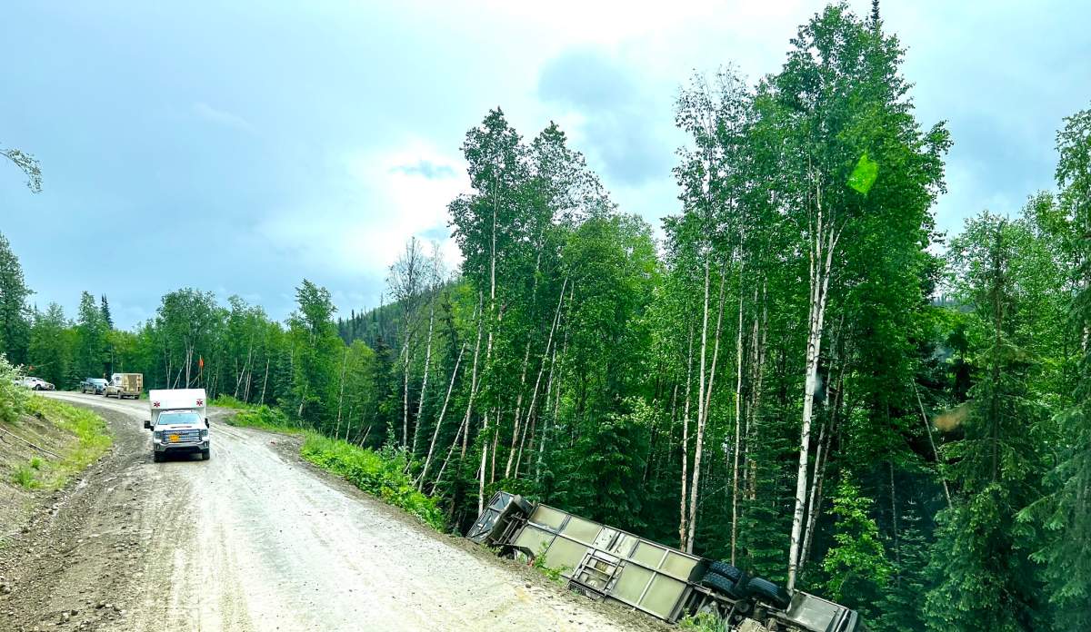 The scene of a bus rollover in northern B.C. on Friday, June 16, 2023.