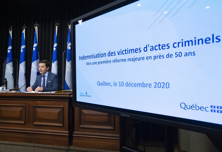 Quebec Justice Minister Simon Jolin-Barrette announces a program to modify compensations for victims of crime, at the legislature in Quebec City, Thursday, Dec. 10, 2020. 