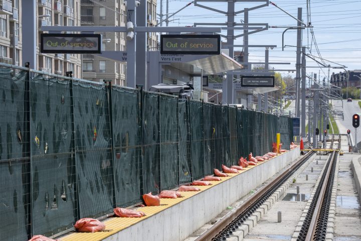 "Out of Service" signs are shown on the Eglinton Crosstown LRT in Toronto on Friday, May 5, 2023. 